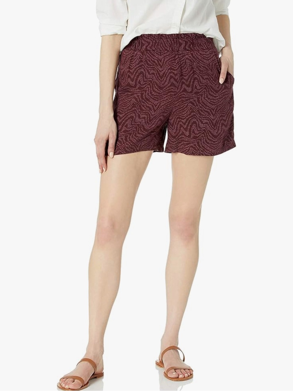 Paperbag Shorts Burgundy Wave Print Twill Lightweight Pull-On Size M Goodthread